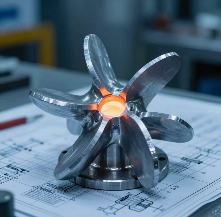 A perfectly cast aluminum impeller with complex curved vanes, resting on a technical blueprint sheet, cool blue ambient factory lighting, sharp macro focus on the vane edges