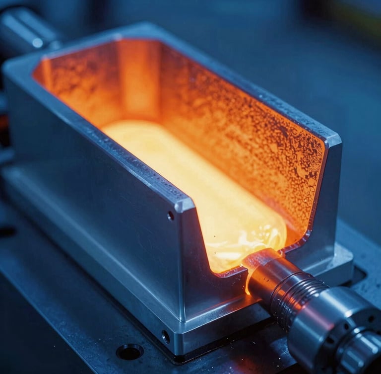 Industrial dramatic photography of a high-precision aluminum casing with clean edges, cool blue ambient light with fiery orange furnace glow, sharp macro focus, 35mm