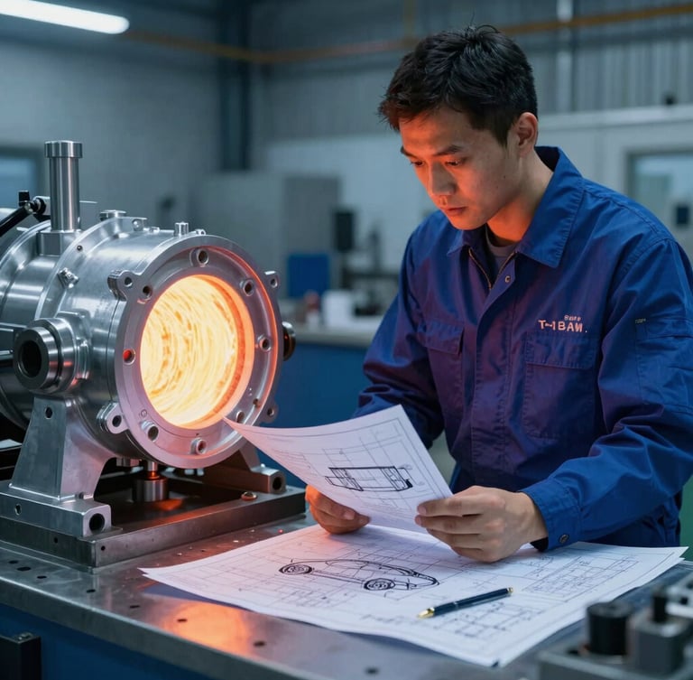 An automotive design engineer in a blue-toned factory reviewing technical blueprints next to a finished aluminum casting, 35mm.