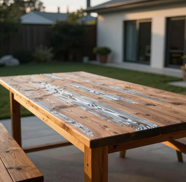 Low-angle golden hour shot of a rectangular teak table showing a weathered silver patina, modern architectural backyard background, medium format film.