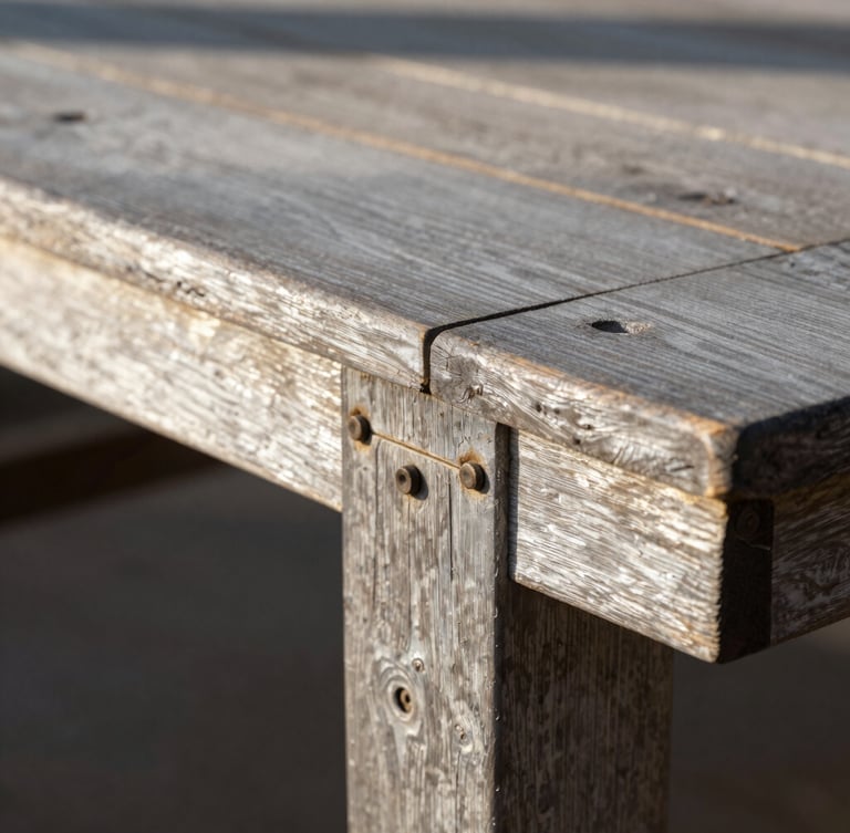 Extreme macro detail shot of mortise-and-tenon joinery on a weathered silver teak table, crisp morning light, long shadows.
