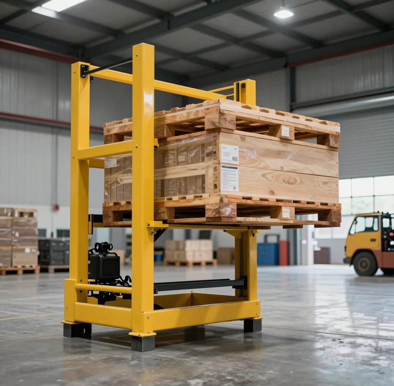 Wide dynamic 3/4 angle of a yellow high-rack stacker lifting a heavy pallet inside a modern warehouse, sharp lighting, concrete floor reflections