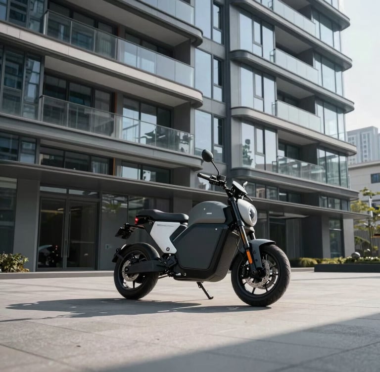 Wide panoramic architectural composition, sharp studio lighting, a sleek modern electric motorcycle parked next to a high-end residential glass facade, dramatic shadows, clean slate gray tones.