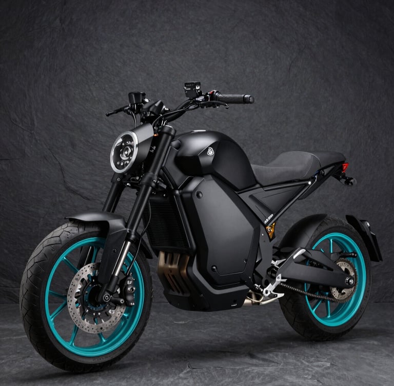 Dynamic 3/4 studio shot of a sleek matte black electric motorcycle, high-contrast cyan accents on the wheel rims, sharp architectural lighting, dark slate background