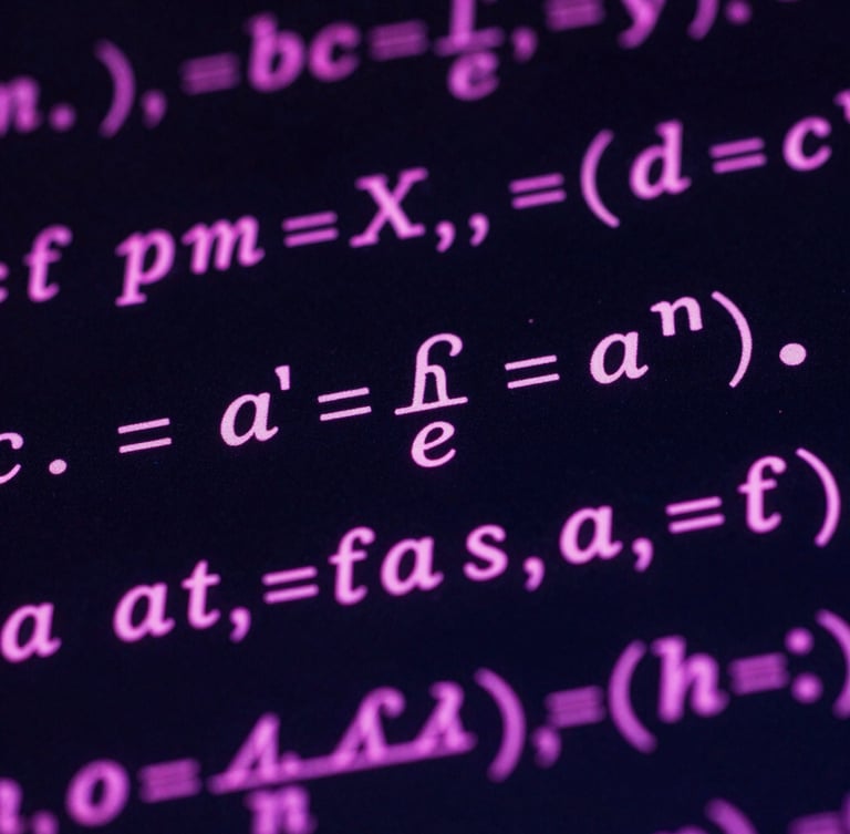 Macro shot of complex mathematical equations rendered in clean LaTeX on a high-contrast dark screen, glowing neon magenta accents, sharp focus, 35mm