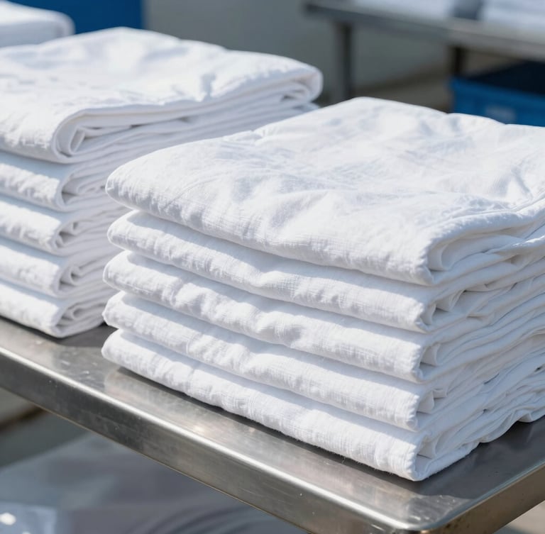 Medium shot of neatly folded and wrapped white linen bundles on a clean metal table, bright daylight from the side, sharp focus on fabric texture, industrial scale.