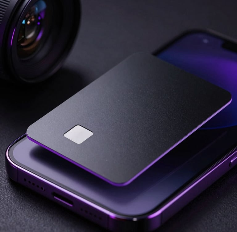 Extreme close-up of a matte black metal NFC business card with a subtle neon violet edge-glow being tapped against a modern smartphone, dramatic studio lighting, dark moody background, 85mm lens