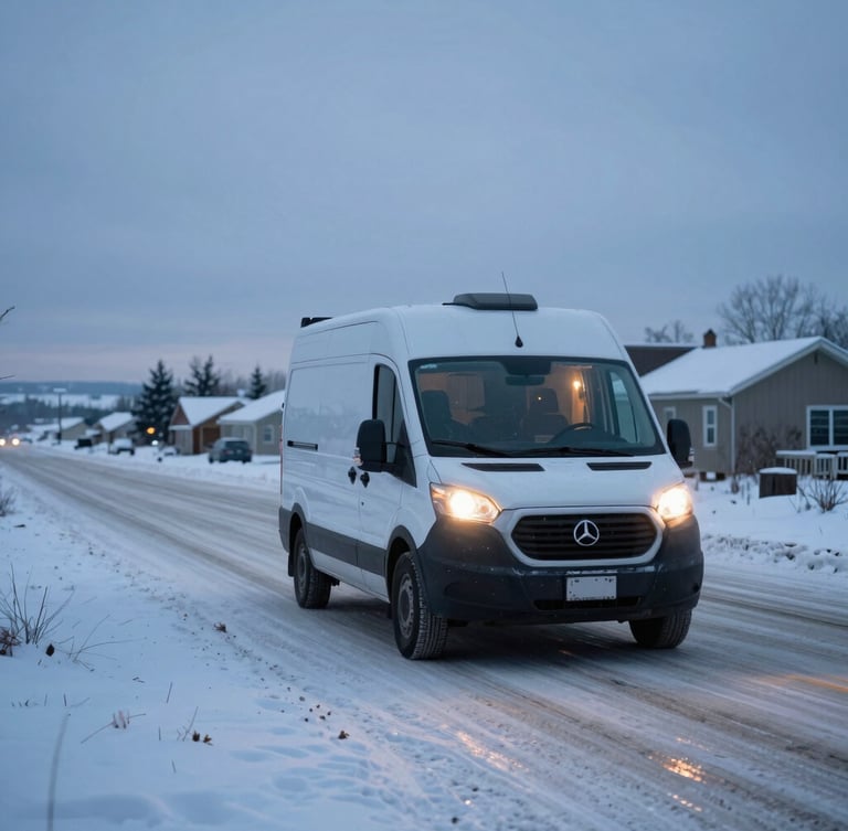 Mobile outreach van driving through snowy Saskatchewan streets at dusk, headlights on, with warm light spilling from inside, viewed from a respectful medium distance.