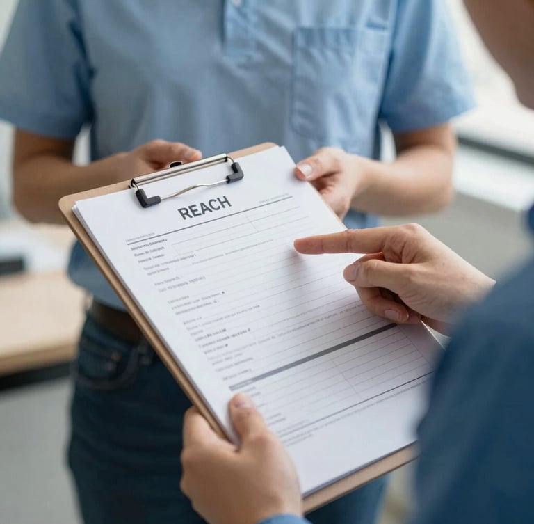 Close-up of a REACH team member's hands holding a clipboard with referral forms, pointing to a section while speaking with an individual, respectful distance, natural light.