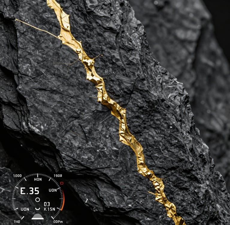 Macro photography of a raw, unmined gold vein embedded in dark slate rock, high-contrast, dramatic natural crevices, technical dashboard overlay, scientific precision.