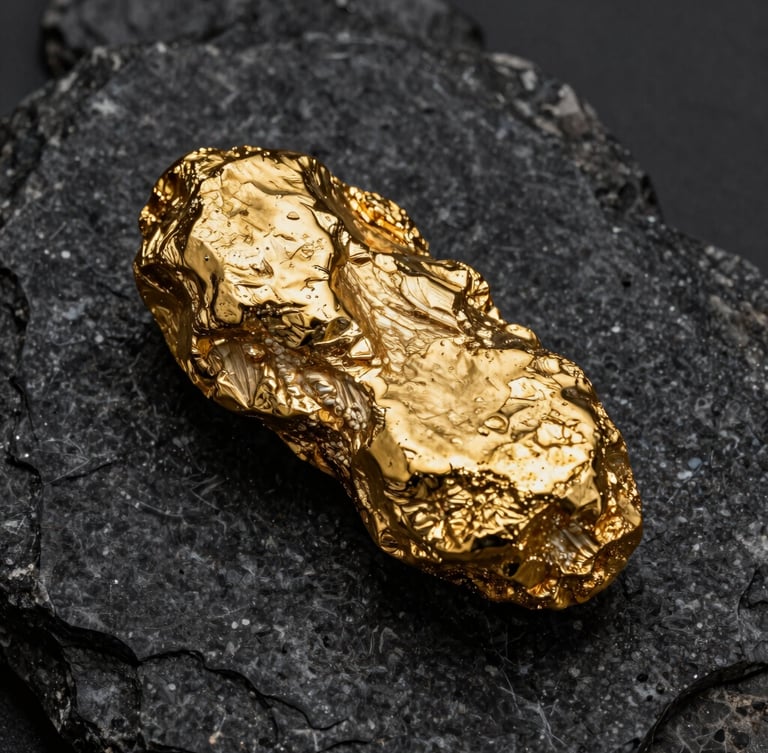 Fotografía macro de una veta de oro en bruto incrustada en roca de pizarra oscura, alto contraste, enfoque nítido en texturas geológicas naturales sin intervención humana