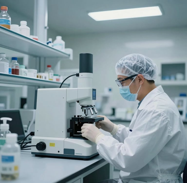 Wide environmental shot of a modern clinical laboratory, cool clean fluorescent lighting, a focused technician in protective gear calibrating high-precision diagnostic equipment, shallow depth of field.