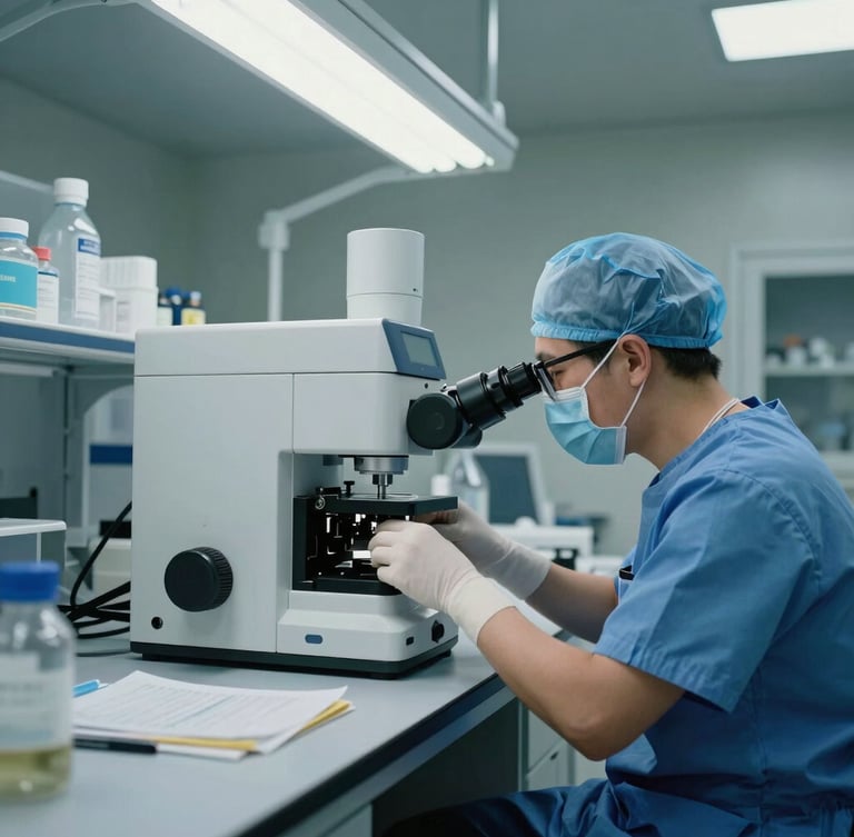 Wide-angle crisp clinical laboratory, a focused scientist in protective blue scrubs calibrating high-precision diagnostic equipment under cool fluorescent lighting.