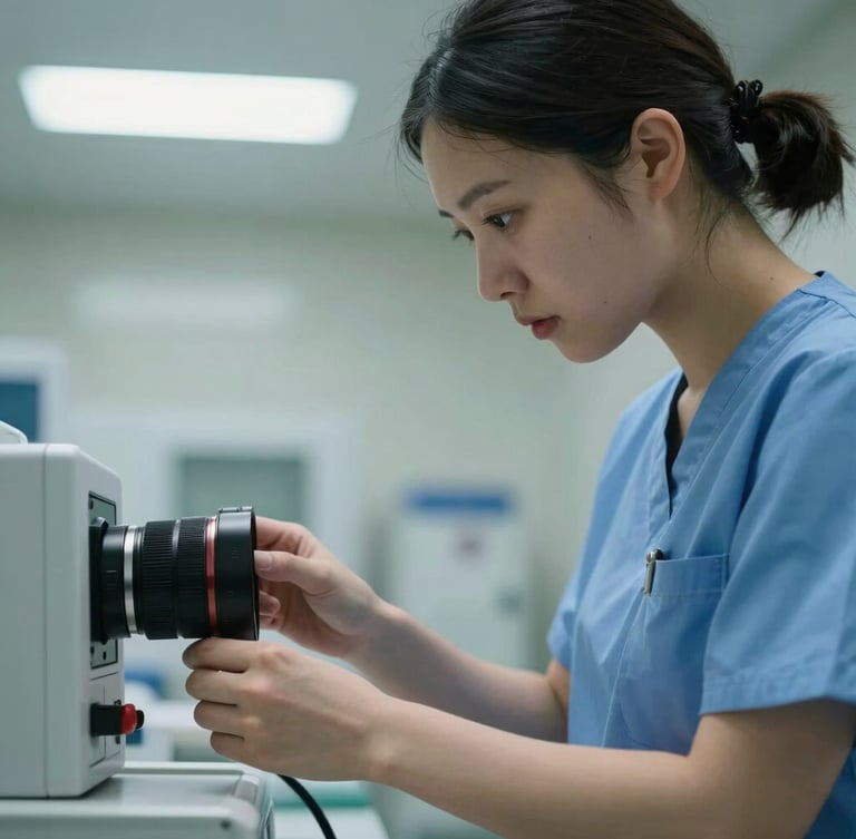 Close-up of a focused clinical nurse in scrubs adjusting medical equipment under cool fluorescent lighting, high-contrast, clean composition