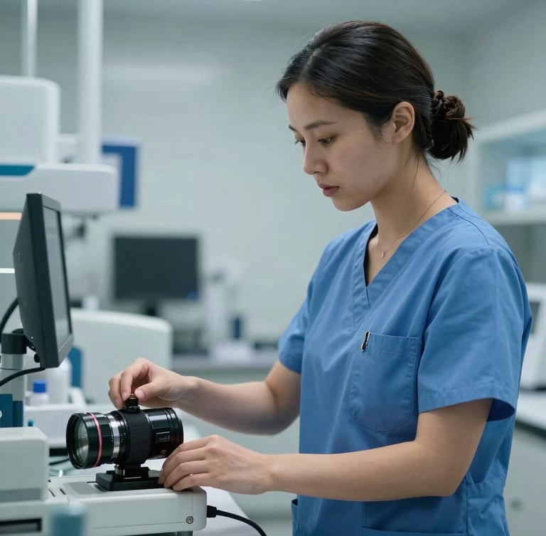 A focused female nurse in blue scrubs adjusting clinical equipment, cool daylight, clean laboratory background, medium shot.
