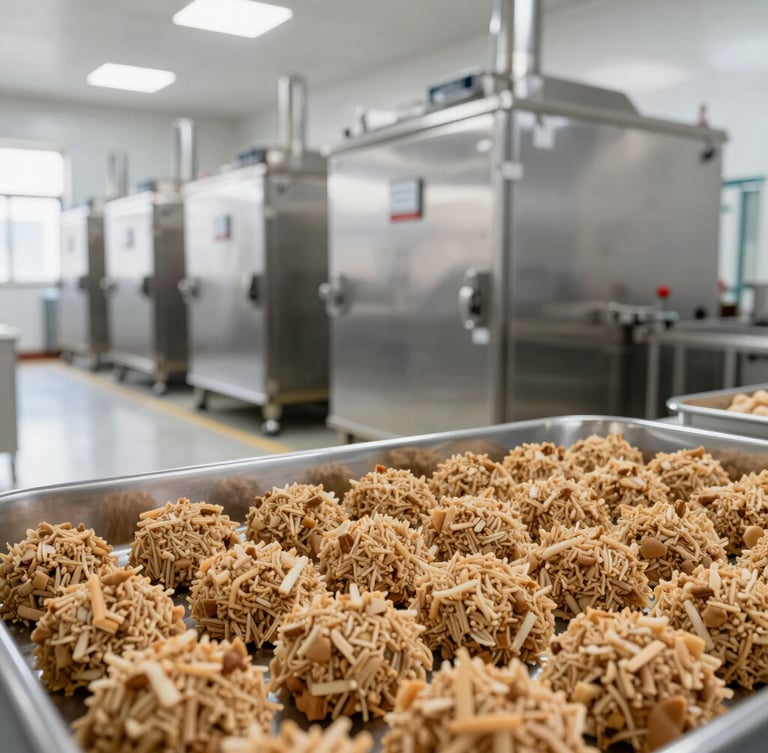 Wide shot of a modern sanitary food processing facility, gleaming stainless steel dehydration chambers, clean floors, bright natural light