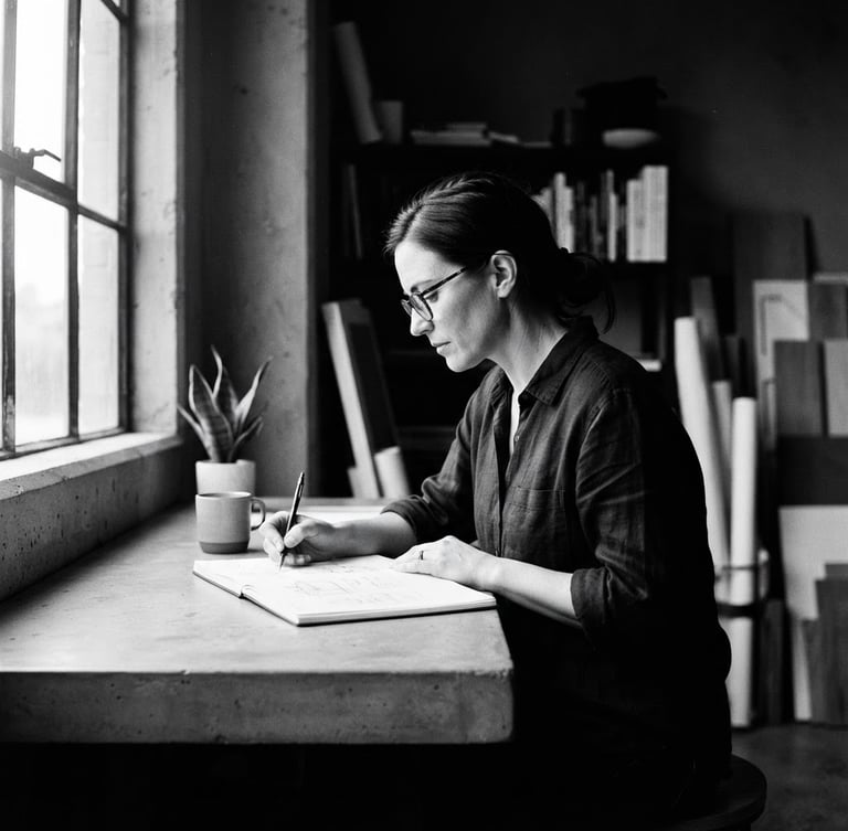 High-contrast black and white portrait of a designer at a minimalist concrete desk, dramatic side-lit natural window light, sharp focus, 35mm film grain