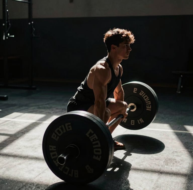 Low-key high-contrast side profile of a focused athlete performing a deadlift, extreme muscular tension, sharp directional shadows, desaturated tones, 35mm film.
