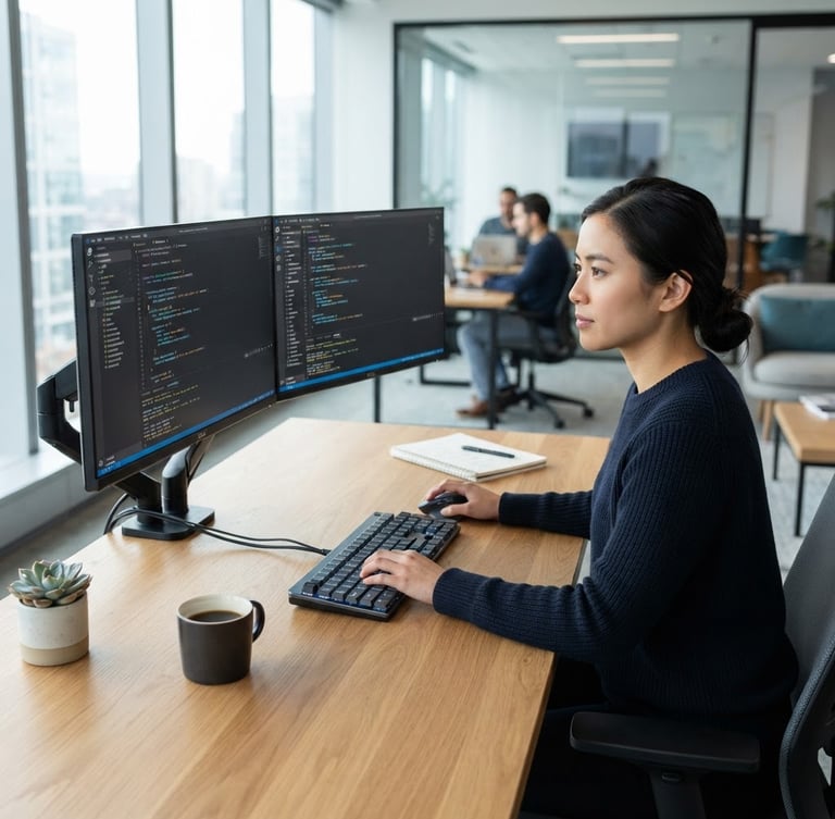 Cool corporate editorial photography of a modern software engineer workspace, dual monitors displaying clean code, natural window light, sharp focus, 35mm