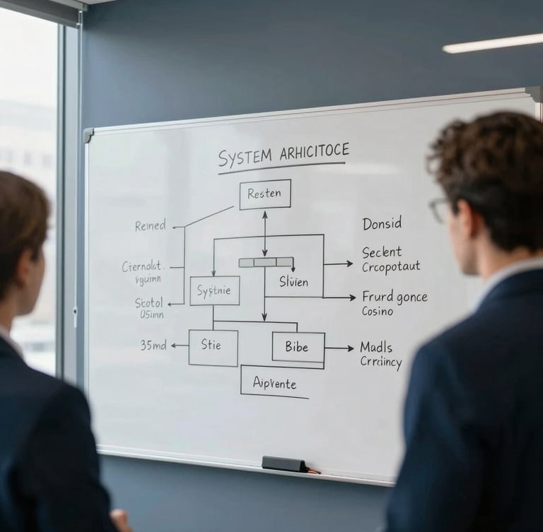 Candid collaborative review of system architecture on a whiteboard in a cool-toned modern office, natural window light, 35mm.
