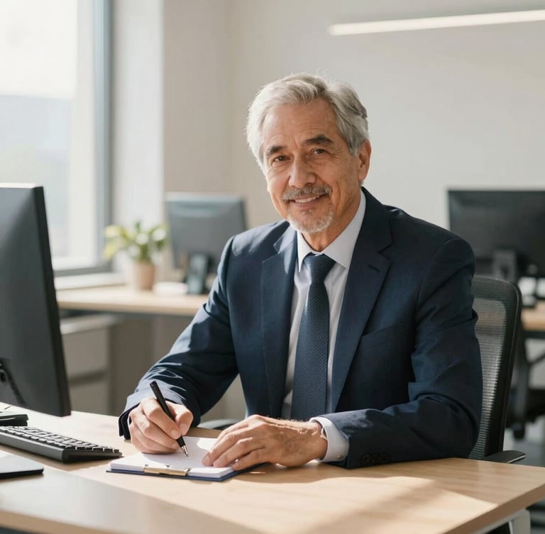A professional portrait of a senior financial consultant in a clean, sunlit modern office, writing notes on a desk, soft natural light, editorial corporate photography, 35mm lens, warm sand and navy tones.