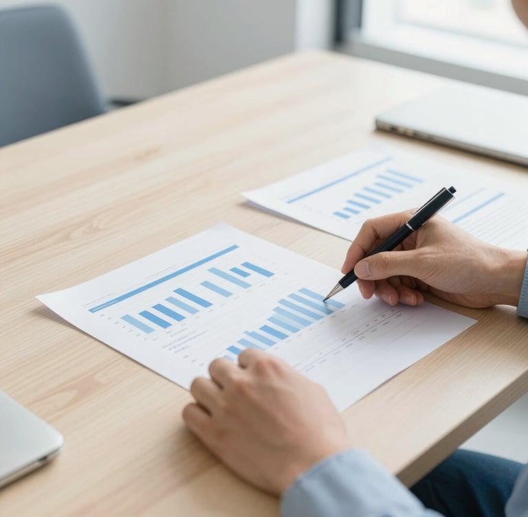 Editorial corporate photography, bright natural daylight, hands analyzing financial balance sheets on a clean wooden table, soft blue and sand tones, 35mm lens
