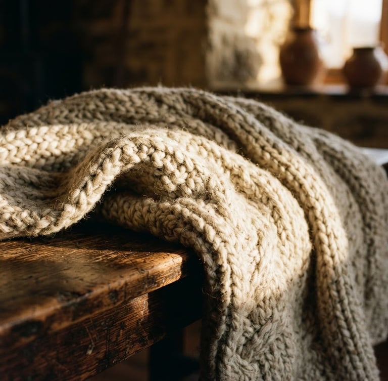 Close-up of a heavy-gauge oatmeal wool blanket draped over a dark wooden bench, warm low-angle afternoon sun casting deep shadows on the weave