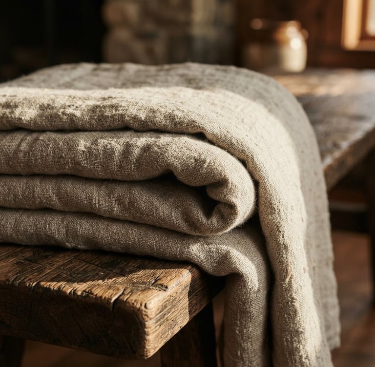 Close-up of a thick, textured oatmeal-colored linen quilt folded over a rustic wooden bench, warm afternoon sunlight casting deep shadows across the weave.