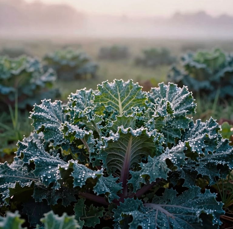 Moody close-up of dew-covered kale leaves in an open field at sunrise, soft morning mist in the background, natural light, 35mm photography