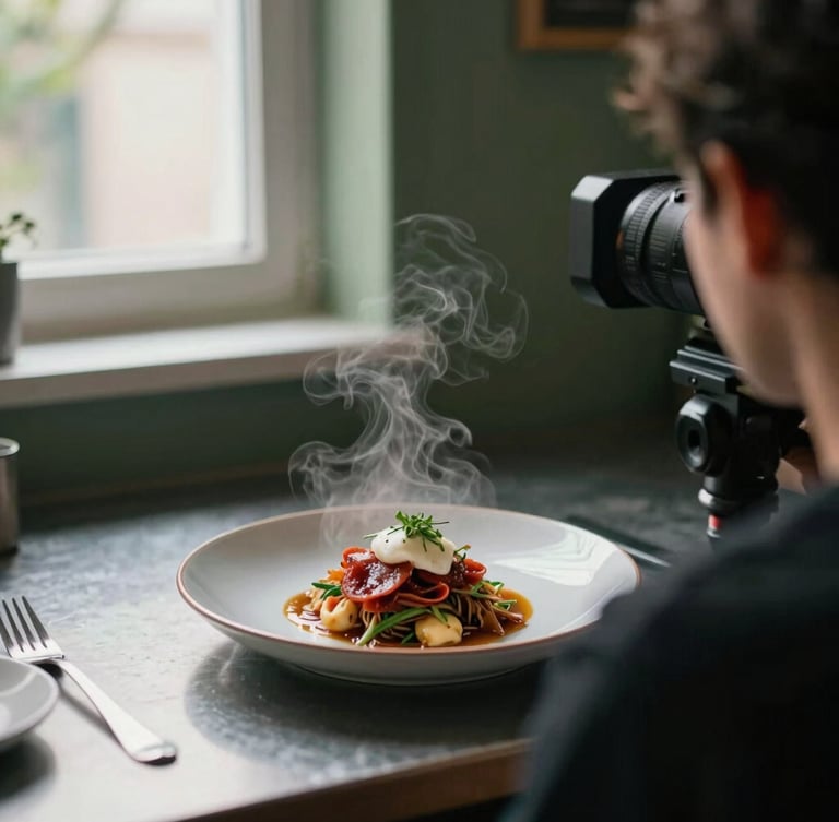 Over-the-shoulder shot of a camera on a tripod capturing steam rising from a freshly plated dish in a moody, natural light kitchen setting, 35mm.