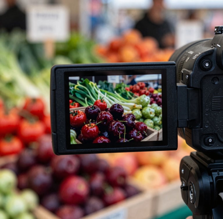 Over-the-shoulder shot of a camera screen displaying a vibrant local farmers market stall, soft natural daylight, deep crimson tones, 35mm