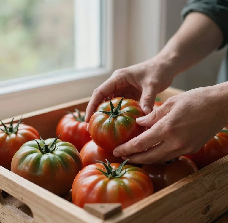 Close-up of a vendor's hands arranging organic heirloom tomatoes in a rustic wooden crate, soft Scandinavian window light, shallow depth of field