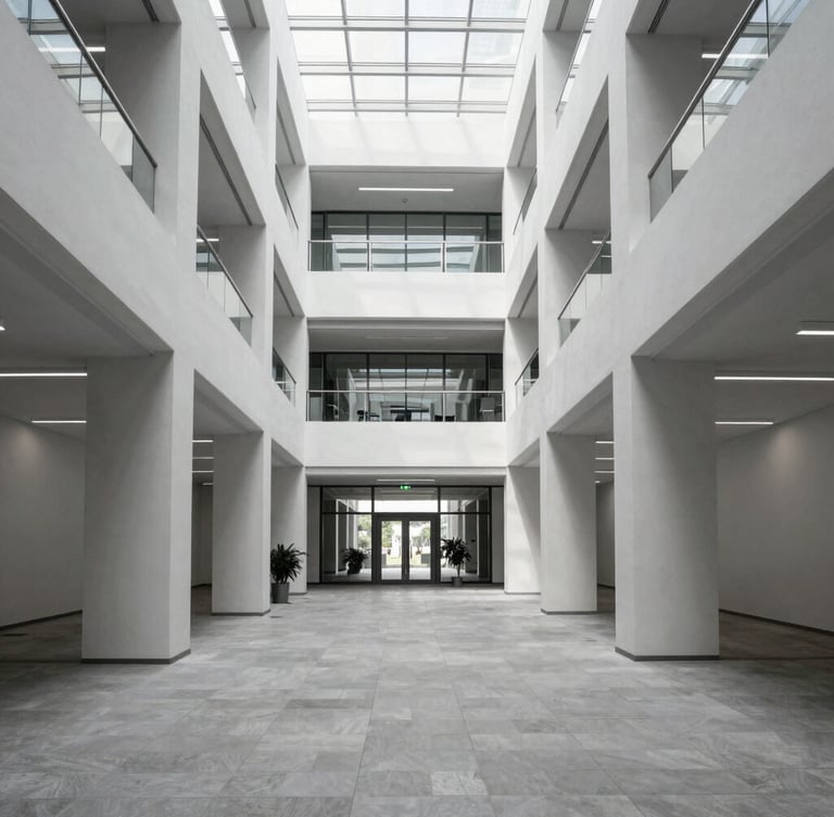 Symmetrical shot of modern corporate office hallway, structured architectural lines, bright daylight, desaturated cool tones, absolute order and clarity, 35mm lens