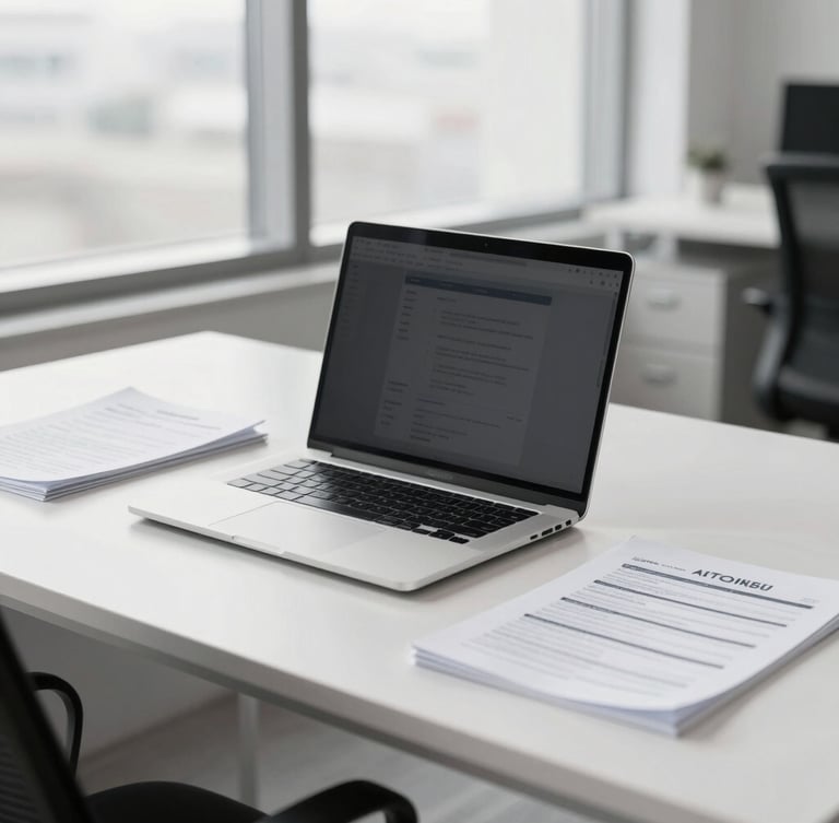 Clean corporate office environment, bright neutral daylight, desaturated cool tones, sharp focus, professional desk with a closed laptop and organized documents, 35mm lens