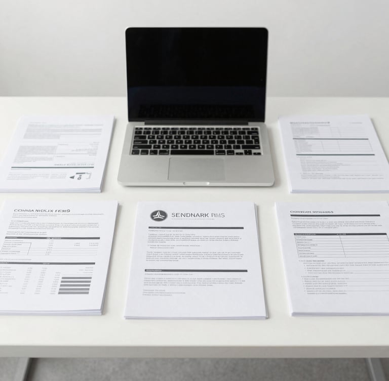 Symmetrical composition of a modern, clean corporate desk with organized documents and a laptop under bright neutral daylight, desaturated cool tones, sharp focus.