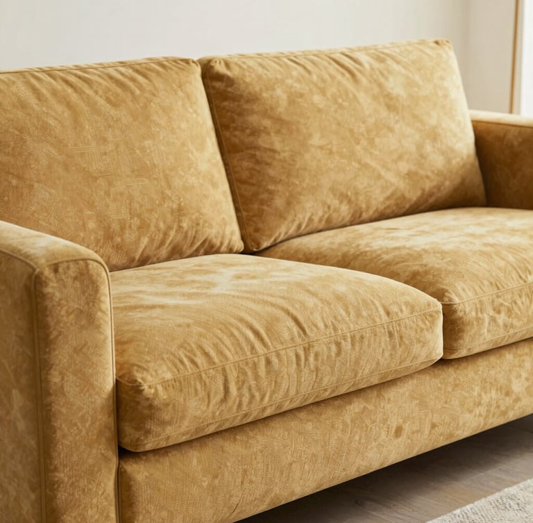 A bright, clean modern living room featuring a beautifully finished custom sofa upholstered in a warm sand-toned textured fabric, natural daylight, soft editorial composition.