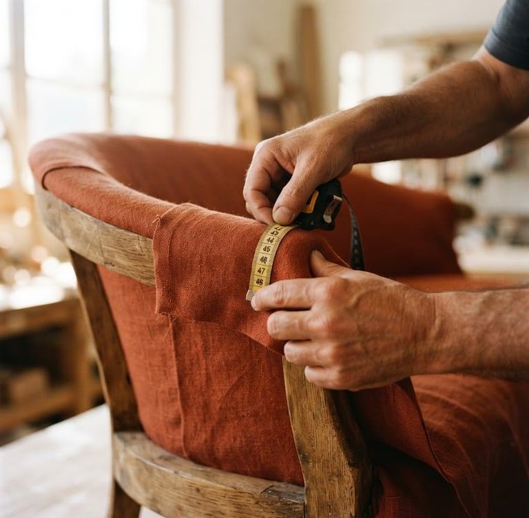 Close-up of hands measuring rich terracotta fabric over a custom sofa frame, warm natural window light, shallow depth of field