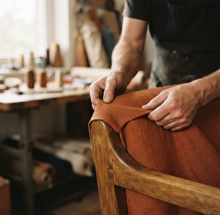 A master upholsterer's hands carefully pulling a rich terracotta linen fabric over a solid oak sofa frame, soft natural window light, warm editorial style, shallow depth of field.