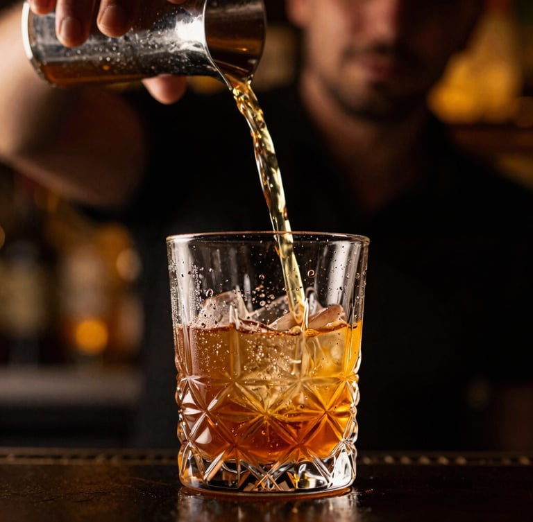 Close-up of a premium crystal glass with condensation, a glowing amber cocktail being poured by a mixologist under dramatic low-light gold backlighting