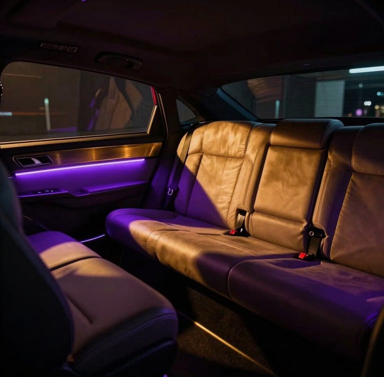 Low-light wide shot of LOCA's premium interior, featuring plush VIP seating, brushed gold accents, and dramatic neon-violet light leaks casting long shadows, 35mm lens.