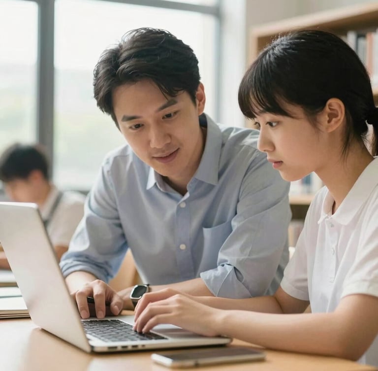 A close-up of a mentor guiding a student over a laptop in a bright library, soft morning light filtering through high windows, warm scholarly atmosphere.