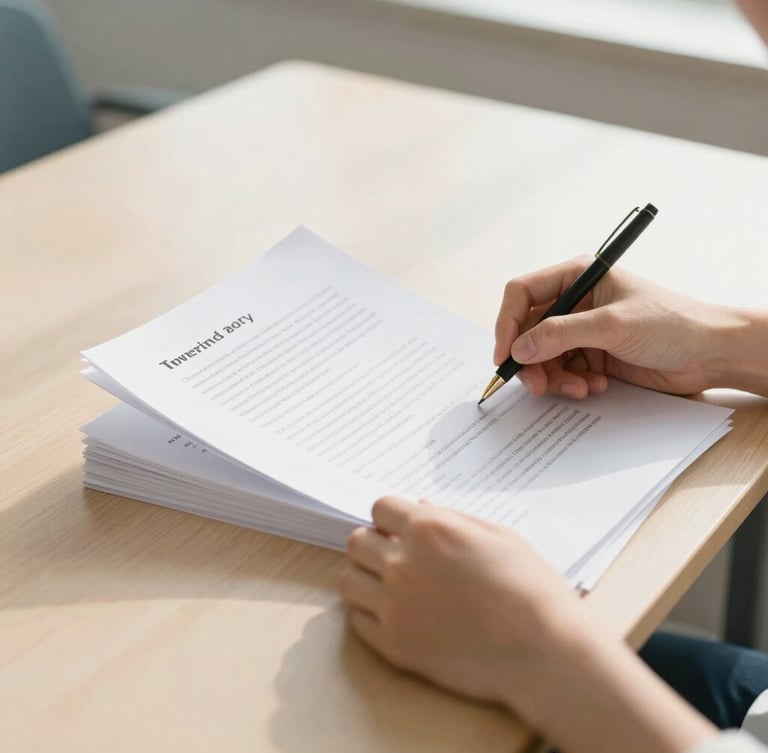 Bright editorial photo of hands reviewing academic documents on a wooden desk, soft morning sunlight, clean scholastic environment.