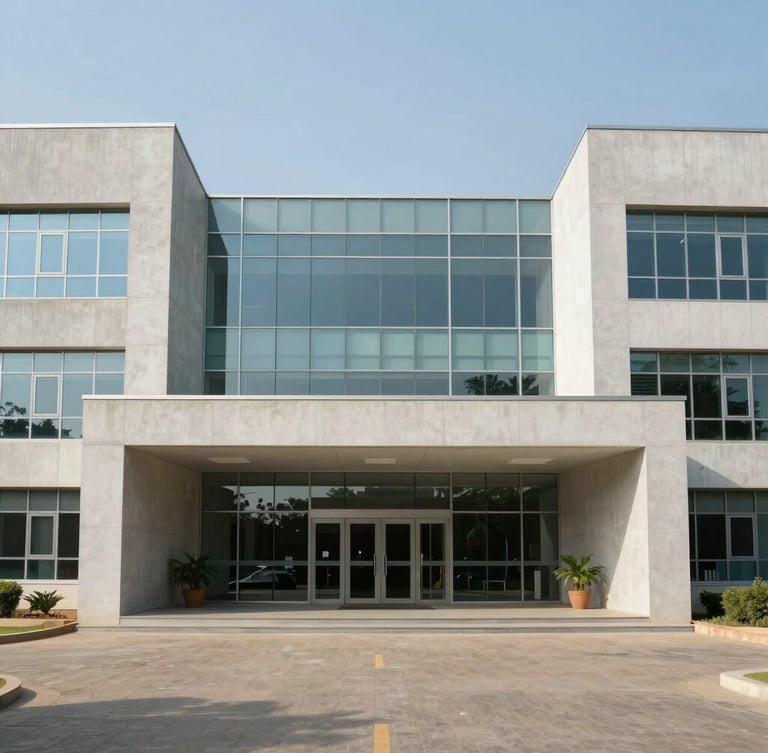 Wide-angle architectural view of a modern clinical facility entrance in Abuja, clean daylight, geometric concrete and glass facades, minimalist framing.