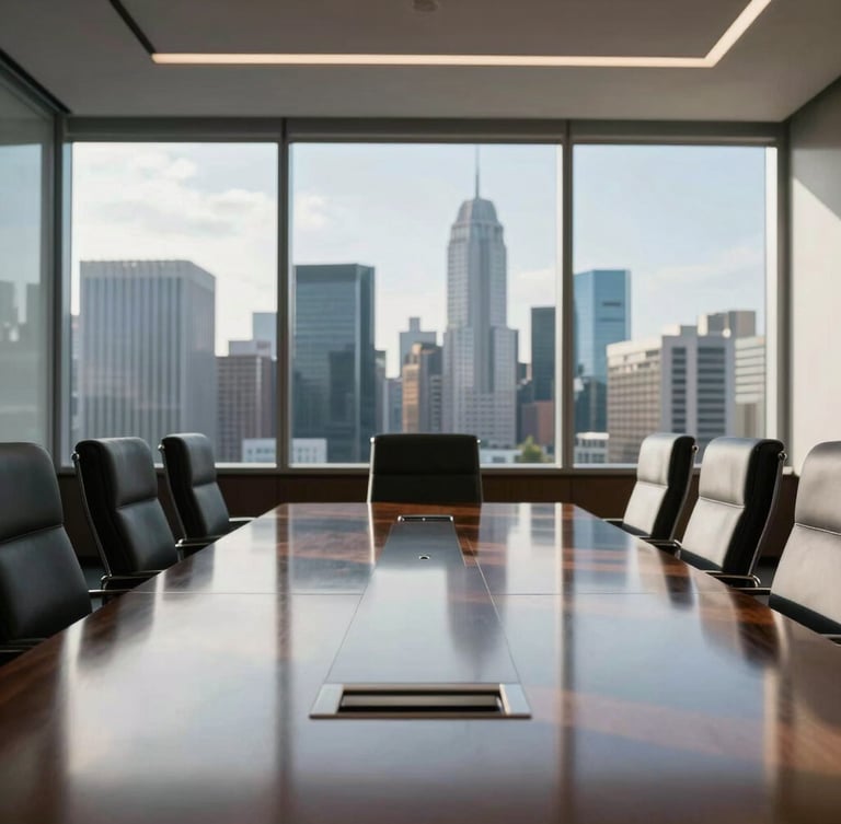 A professional, sunlit executive boardroom overlooking a modern city skyline, architectural lines, cool daylight reflecting off a polished mahogany conference table.