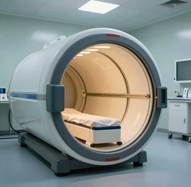 State-of-the-art clinical hyperbaric oxygen chamber in a pristine, modern medical facility, architectural framing, cool clinical lighting.