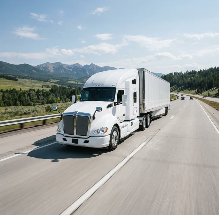 A modern clean semi-truck on an open highway under bright daylight, crisp commercial photography with blue and gray tones, wide-angle lens
