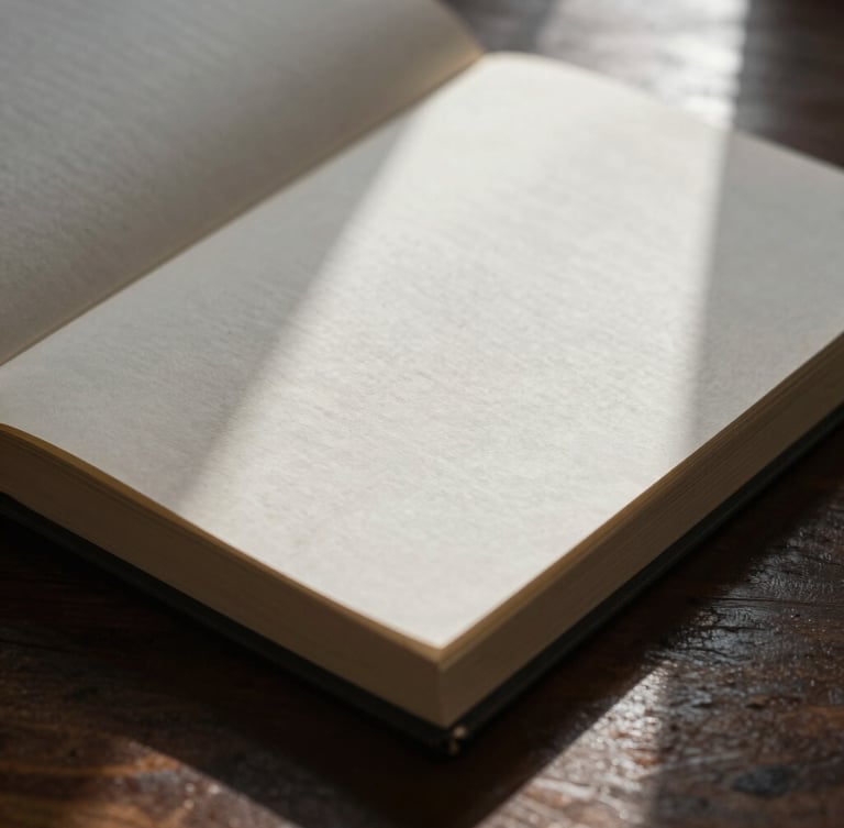 Macro close-up of a hardcover book mockup resting on a dark wooden desk, soft window light casting high-contrast shadows on textured cream paper, 35mm editorial photography
