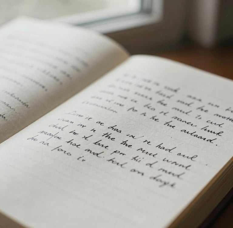 Close-up of an open linen notebook showing handwritten ink-stained notes and crossed-out paragraphs, captured with a shallow depth of field in soft window light.