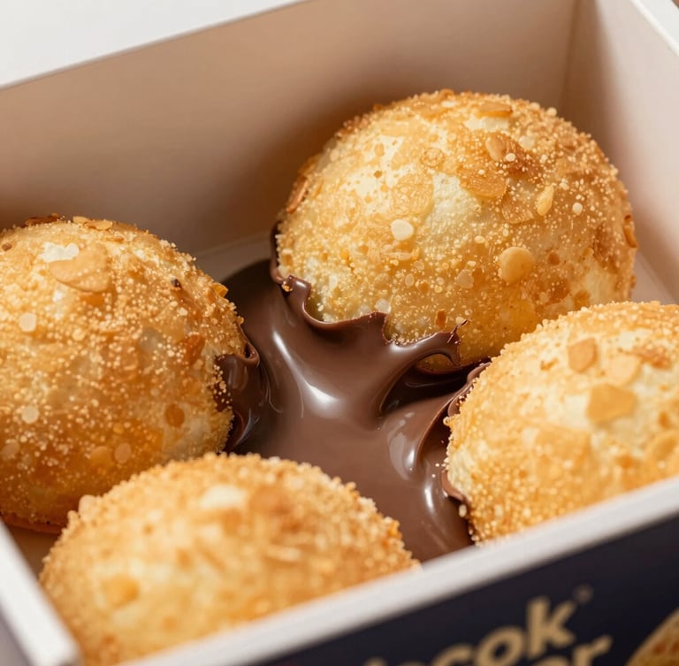 Extreme close-up of a steaming box of Piscok Lumer with melting chocolate pulling apart, warm natural daylight highlighting the crispy golden batter texture