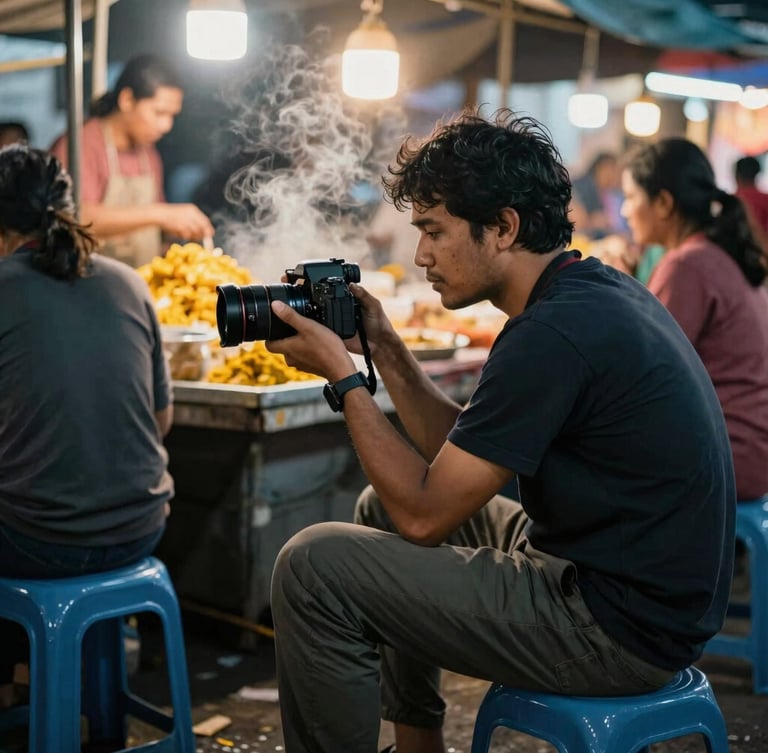 Close-up of a travel food vlogger with a camera, sitting on a low plastic stool at a busy night market, steam rising around him, warm turmeric lighting, raw editorial style.